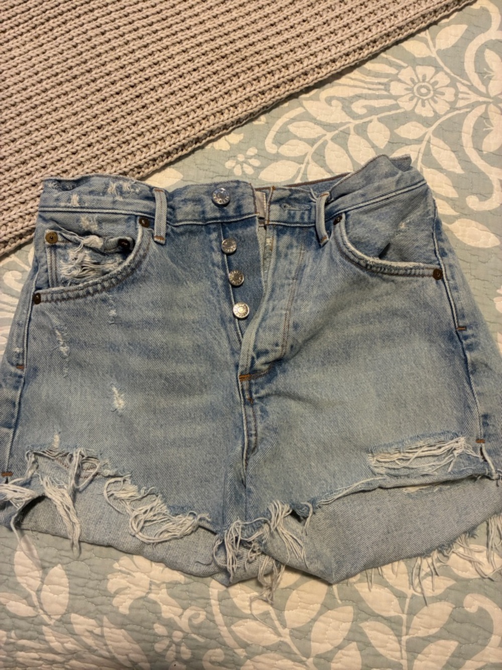 Agolde Light Blue Distressed Cutoff Denim Shorts
